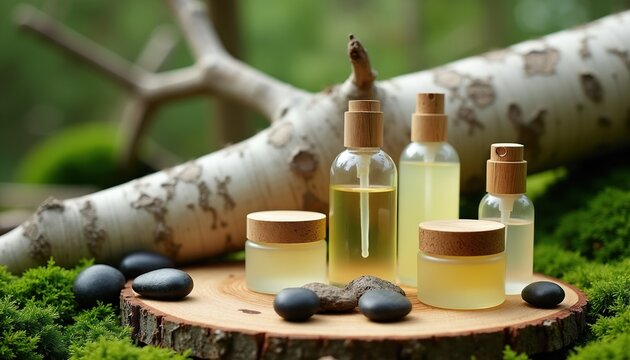 Glass bottles with natural oils and creams sit on wood slice. Black spa stones and moss create forest ambiance. Skincare products offer organic wellness, health, and beauty.