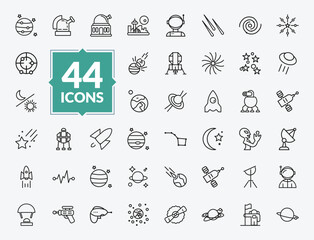 outline astronomy icons set - jupiter with satellite, milky way, rocket flying, space module. editable vector for web and mobile ui © IconArt