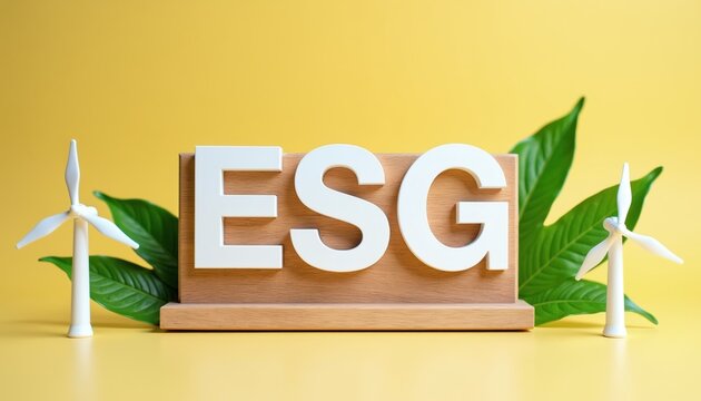 White letters spell ESG with mini wind turbines and green leaves. Corporate responsibility for planet and people. Sustainable business practice development.