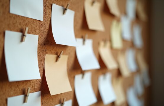 Empty white and tan sticky notes hang on a corkboard. Papers held by small wooden clothespins invite messages, reminders, ideas, or plans for a clean workspace.