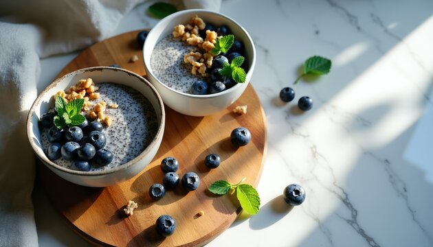 Two bowls of chia seed pudding topped with blueberries and walnuts are presented on a wooden board. Fresh mint leaves garnish the healthy breakfast. Sunlight streams across the marble surface.