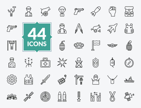 outline army collection. thin icons set - revolt, cannon, first aid, guerrilla. editable vector for web and mobile ui
