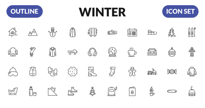outline winter icons set - chalet, winter clothes, snow goggle, . editable vector for web and mobile ui