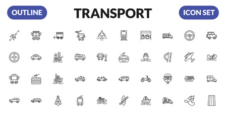 outline transport icons set - flights, slim, bus front with driver, suv. editable vector for web and mobile ui © IconArt
