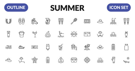 outline summer icons set - wreath, sun cream, swimming person, summer hat. editable vector for web and mobile ui © IconArt