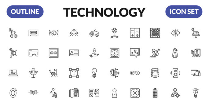 outline technology icons set - contact lens, social graph, internet value, zero. editable vector for web and mobile ui