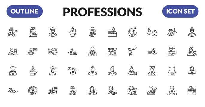 outline professions icons set - welder, hr specialist, captain, archeologist. editable vector for web and mobile ui