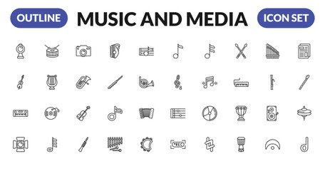outline music and media icons set - webcam video call, violoncello, synthesizer, music spotlight. editable vector for web and mobile ui © IconArt