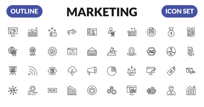 outline marketing icons set - online marketing, web shop, marketing presentation, viral. editable vector for web and mobile ui