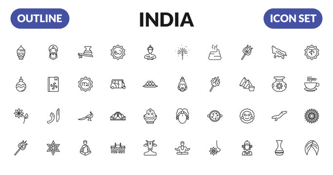 outline india icons set - kandeel, ornament, lakshmi, shaivism. editable vector for web and mobile ui