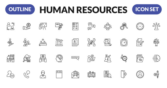 outline human resources icons set - change personal, career, office, remove user. editable vector for web and mobile ui