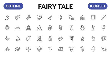 outline fairy tale icons set - genie, dracula, merman, cinderella carriage. editable vector for web and mobile ui © IconArt