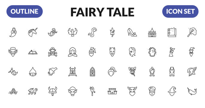 outline fairy tale icons set - genie, dracula, merman, cinderella carriage. editable vector for web and mobile ui