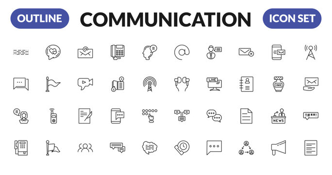 outline communication icons set - morse code, talking, woman file, public phone. editable vector for web and mobile ui