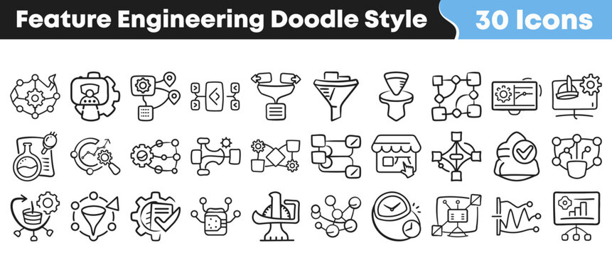 Hand drawn collection of feature engineering icons for data science