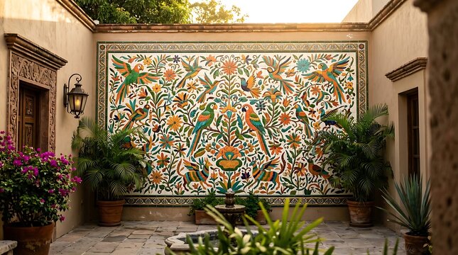 Vibrant bird and flower mosaic mural in a traditional courtyard