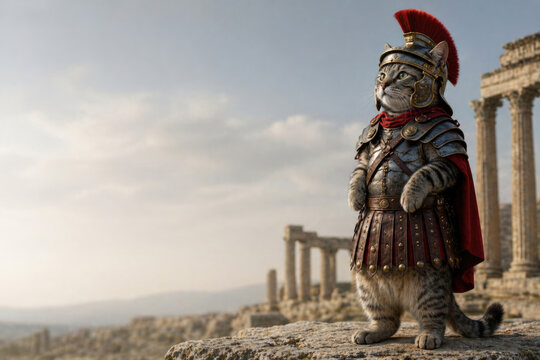 A cat dressed as a roman soldier stands near ancient ruins. Space for text.