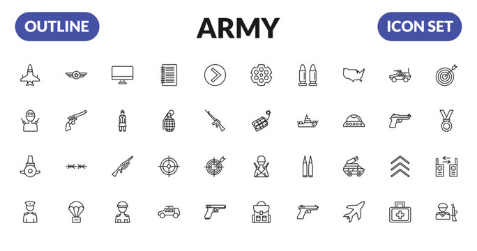 outline army icons set - jet, guerrilla, submarine front view, lieutenant. editable vector for web and mobile ui
