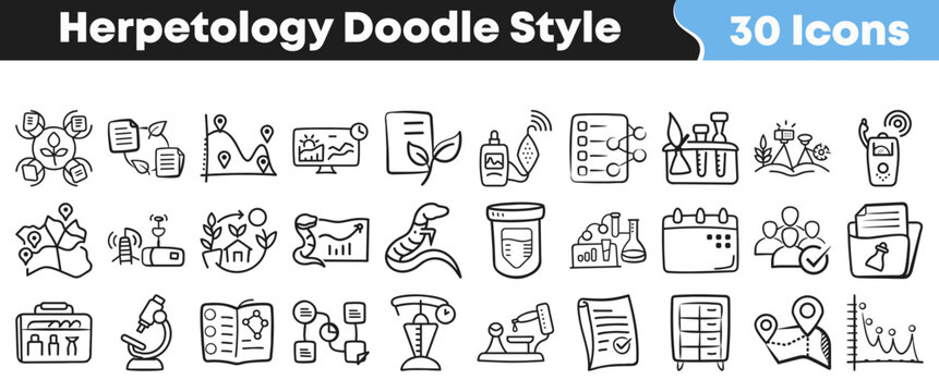 Set of black and white doodle icons for herpetology studies