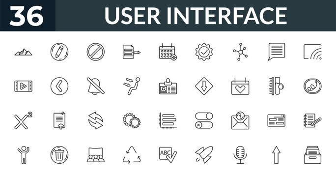 outline user interface icons set - image with mountains, edit button, ink level, note blog. editable vector for web and mobile ui