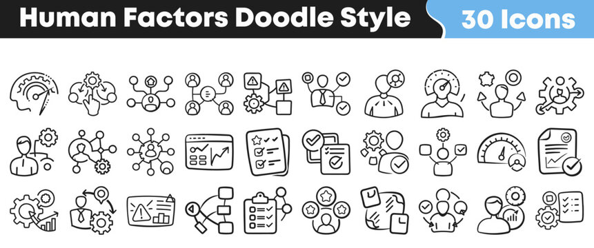 Set of thirty human factors doodle style line art icons
