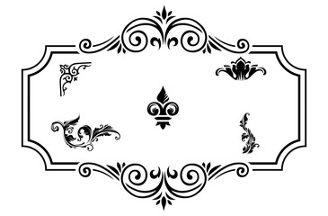 Ornate black flourish and fleur-de-lis on white background, ornament decorative vintage © Raisa