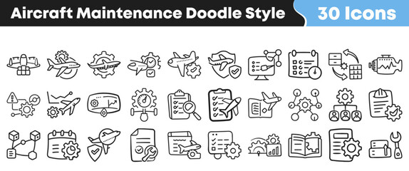 Obraz premium Collection of hand drawn aircraft maintenance and repair doodle icons