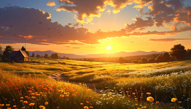 Sunset over a serene landscape with wildflowers and a small house