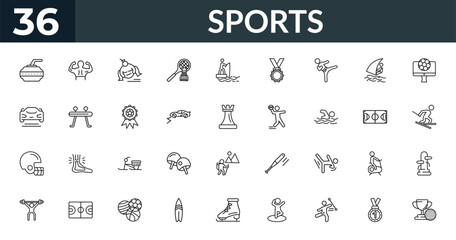 outline sports icons set - curling, bodybuilding, soccer field, wing chun. editable vector for web and mobile ui © IconArt