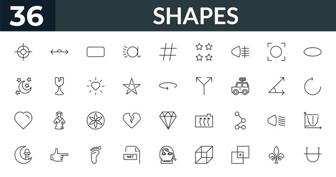 outline shapes icons set - focus button, 180 degrees angle, angle of acute, parabola. editable vector for web and mobile ui
