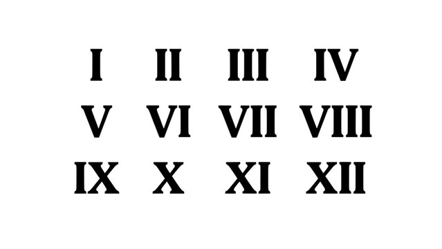 Roman Numeral Grid I to Xii Arranged in Three Rows with Serif Typography and High-Contrast Print Style