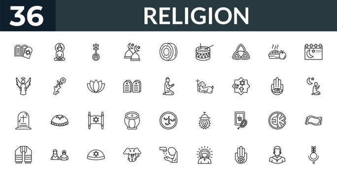 outline religion icons set - halakha, buddha, hamsa, magic carpet. editable vector for web and mobile ui
