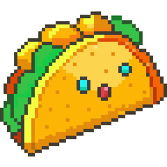 Fototapeta premium Pixel art taco illustration featuring a cute yellow shell with green lettuce in a retro game style