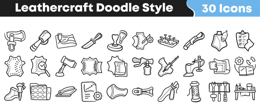 Set of thirty hand drawn leathercraft icons in doodle style
