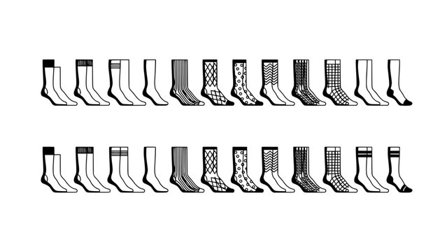 Socks Pattern Set of Different Styles and Textures Arranged in Two Rows on a White Background, Flat Design Graphic