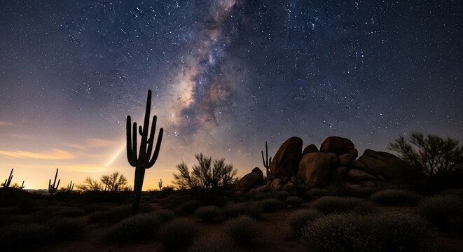 Night desert landscape with cactus and stars in the sky