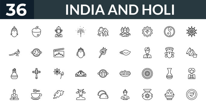 outline india and holi icons set - sarai, nut, durga puja, kali. editable vector for web and mobile ui