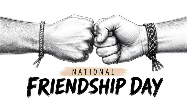 Two hands bumping fists graphite sketch with friendship day typography