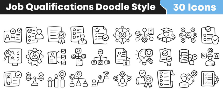 Collection of hand drawn doodle icons representing professional job qualifications