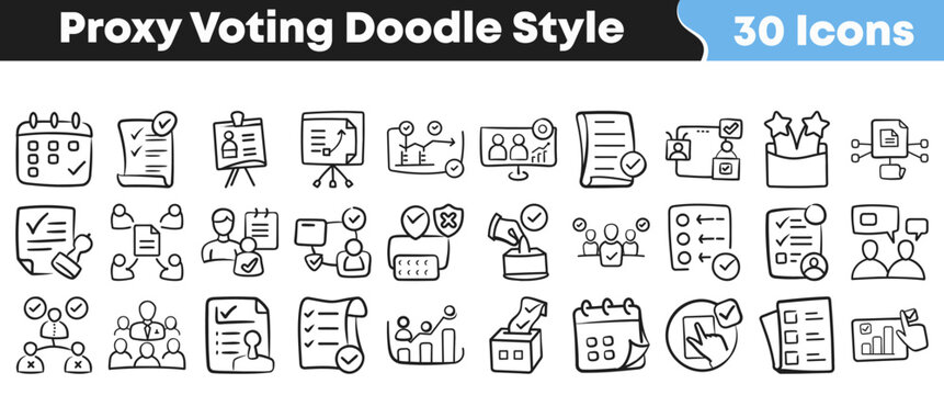 Collection of thirty hand drawn proxy voting icons in black ink