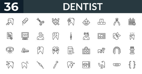 outline dentist icons set - dentist, tampon, mint gum, mouth wash. editable vector for web and mobile ui © IconArt