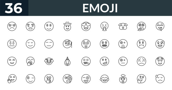 outline emoji icons set - pouting emoji, anguished emoji, nauseated excited editable vector for web and mobile ui