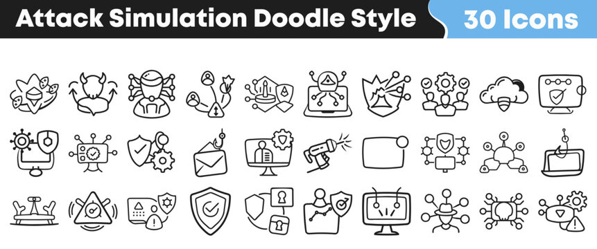 Set of black and white cyber attack simulation doodle icons