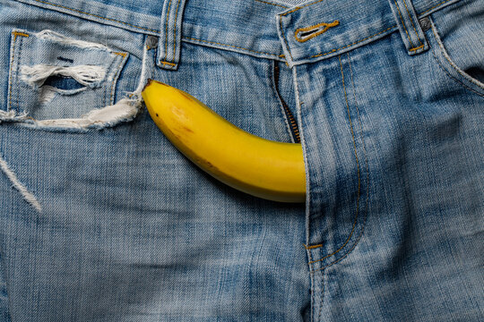 Yellow banana sticking out open blue jeans zipper. Creative conceptual shot of ripe yellow banana protruding from unzipped fly denim pants representing sex phallus metaphor humor and adult themes