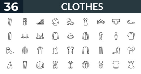 outline clothes icons set - pegged pants, dressing gown, dungarees, draped top. editable vector for web and mobile ui © IconArt