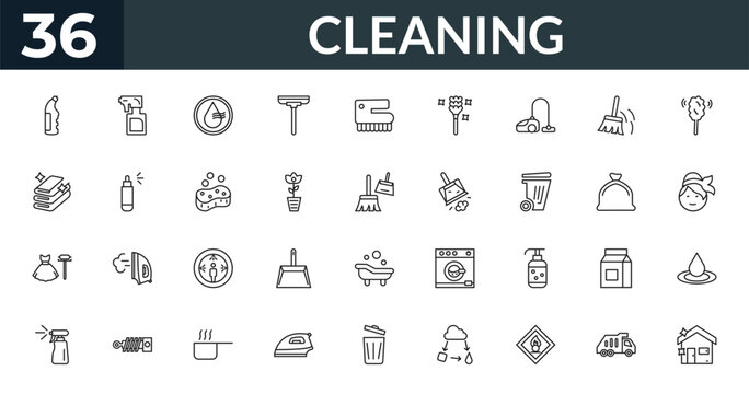 outline cleaning icons set - bleach, wiping sprayer, trash bag, liquid. editable vector for web and mobile ui