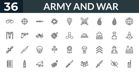 outline army and war icons set - binoculars, gun shooting, lieutenant, industrial building. editable vector for web and mobile ui © IconArt