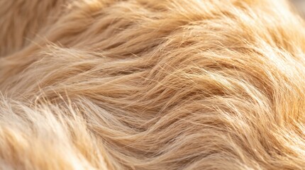 Fototapeta premium Close up of golden animal fur showing soft wavy texture and warm tones, detailed macro of hair strands and natural coat pattern