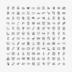 Fototapeta premium outline education icons set - school globe, atom, school material, school cart. editable vector for web and mobile ui
