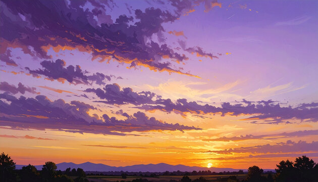 Vibrant sunset landscape with purple clouds and mountain range